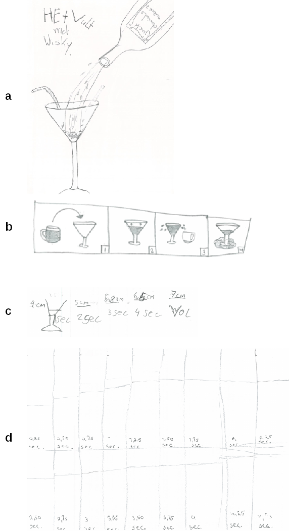 Figure 5 Design experiment 3. Models created during first modeling activity: a) a realistic depiction and b) snapshots model with realistic elements. Models created during last modeling activity: c) a table-like snapshots model and d) a graph-like snapshots model.
