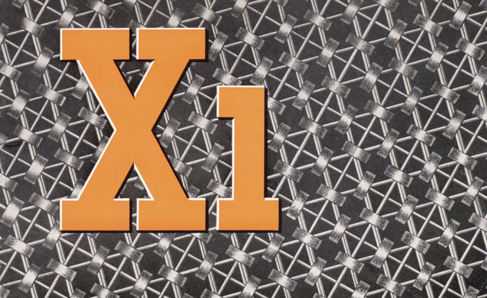 Cover of an Electrologica X-1 brochure from the early 1960s. The X-1 logo is laid out on a background with a stylized ferrite core memory. (Source: ‘Rijksarchief in Noord-Holland, Archief van de Stichting Mathematisch Centrum (RAHN, SMC), 1946–1980’, inv. nr. 51.)