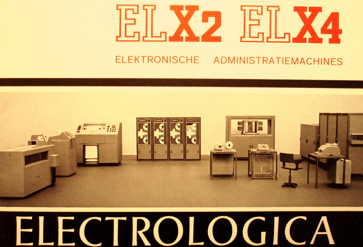 Cover of an Electrologica brochure for the even ELX series with subtitle ‘Electronic administration machines’, from the mid-1960s. (Source: ‘Rijksarchief in Noord-Holland, Archief van de Stichting Mathematisch Centrum (RAHN, SMC), 1946–1980’, inv. nr. 52.)